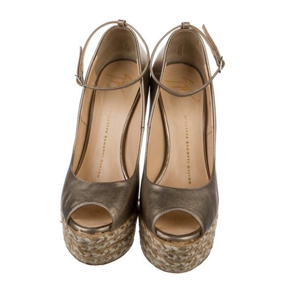 Giuseppe Zanotti Bronze Gold Peep Toe Platform Wedge Ankle Wrap Shoe Sz EU 37 - Picture 2 of 5